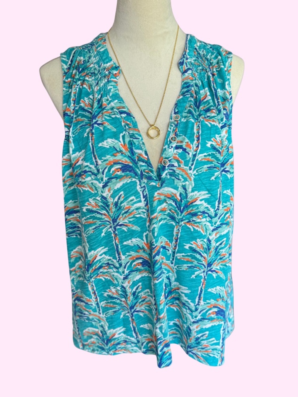 Caribbean Joe Turquoise Palm Tree Sleeveless V-Neck Blouse Tropical Top XL